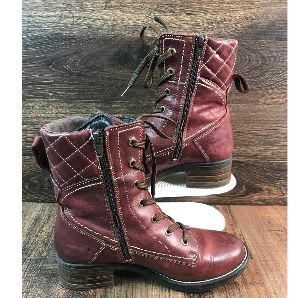 Taos Factor Dark Pink Leather Lace Up Combat Boots Faux Fur Lined Size 7.5 38 - Picture 11 of 16